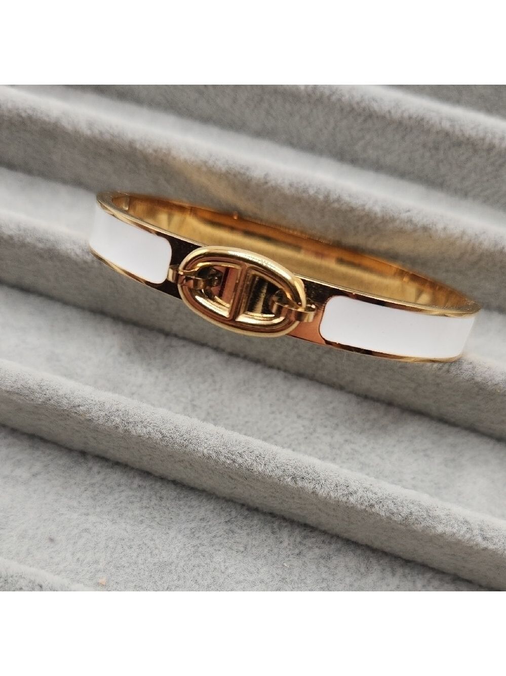 18k Gold Plated Stainless Steel Bangle Bracelet, White Detailing